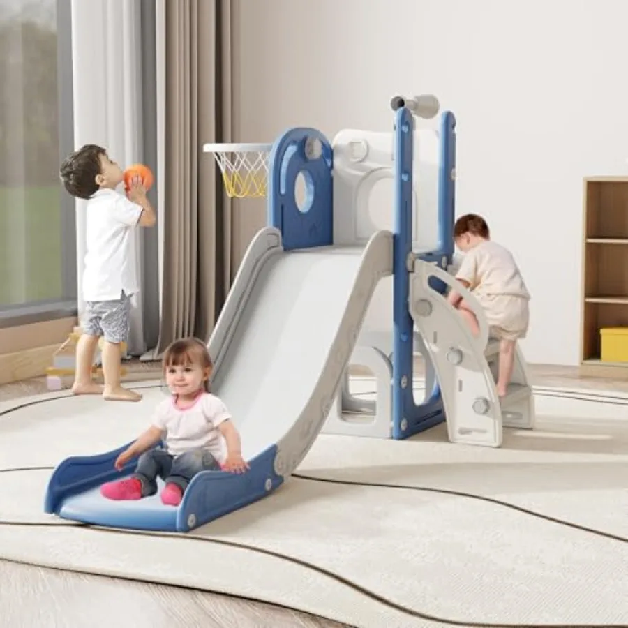 

6 in 1 Toddler Slide PlaySet - Indoor Outdoor Fun for Ages 1-3 Includes Basketball Hoop Telescope Storage and Climber Safe Stur