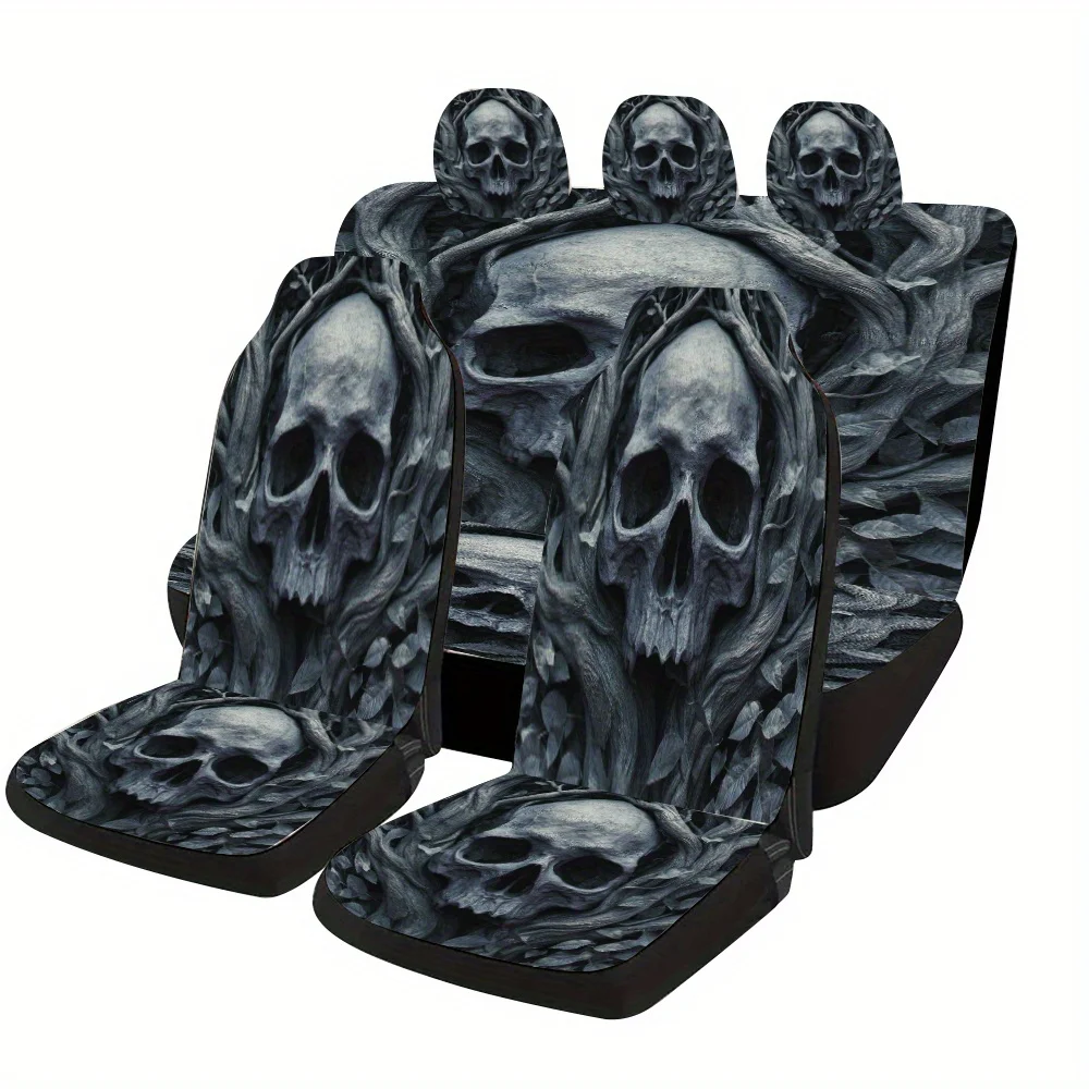 A Set Of Dark-Themed Car Seat Covers Featuring Eerie Images Of Tree Roots And Skulls, Suitable For Most Vehicles. This Stylish A