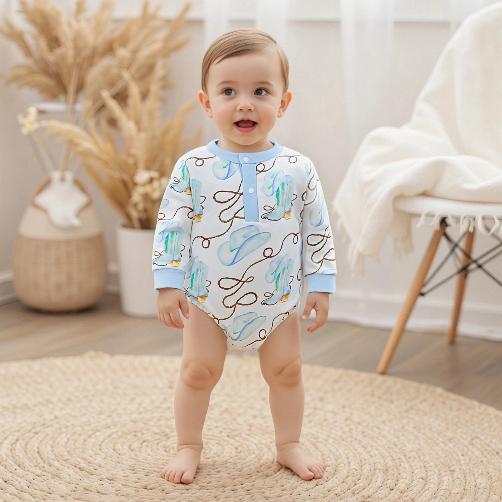 

Infant Baby Boy Girl Rompers Long Sleeve Crew Neck Jumpsuit with Western Cowgirl Hat Themed Print Newborn Clothes
