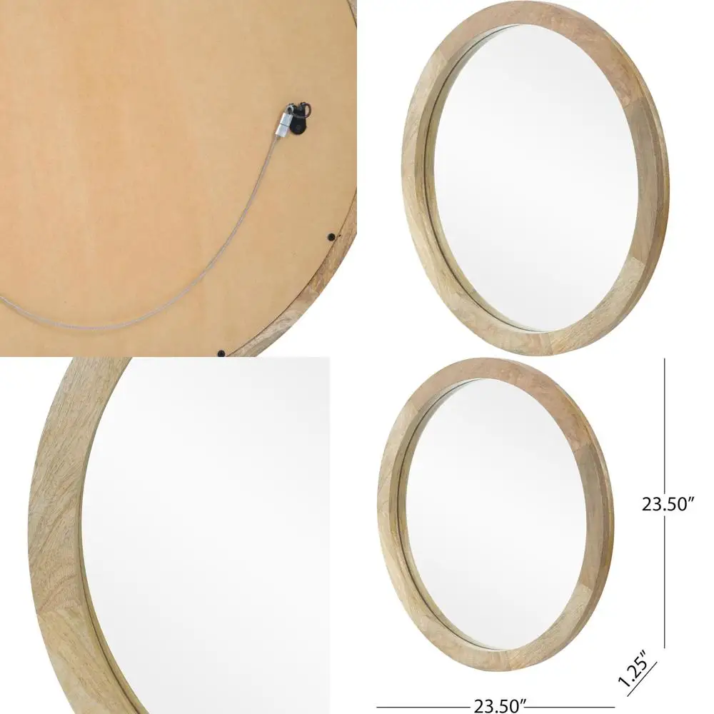 

24 Round Mango Wood Wall Mirror, Tempered Glass, Rustic Style for Living Room or Hallway, Easy to Hang, Natural Finish
