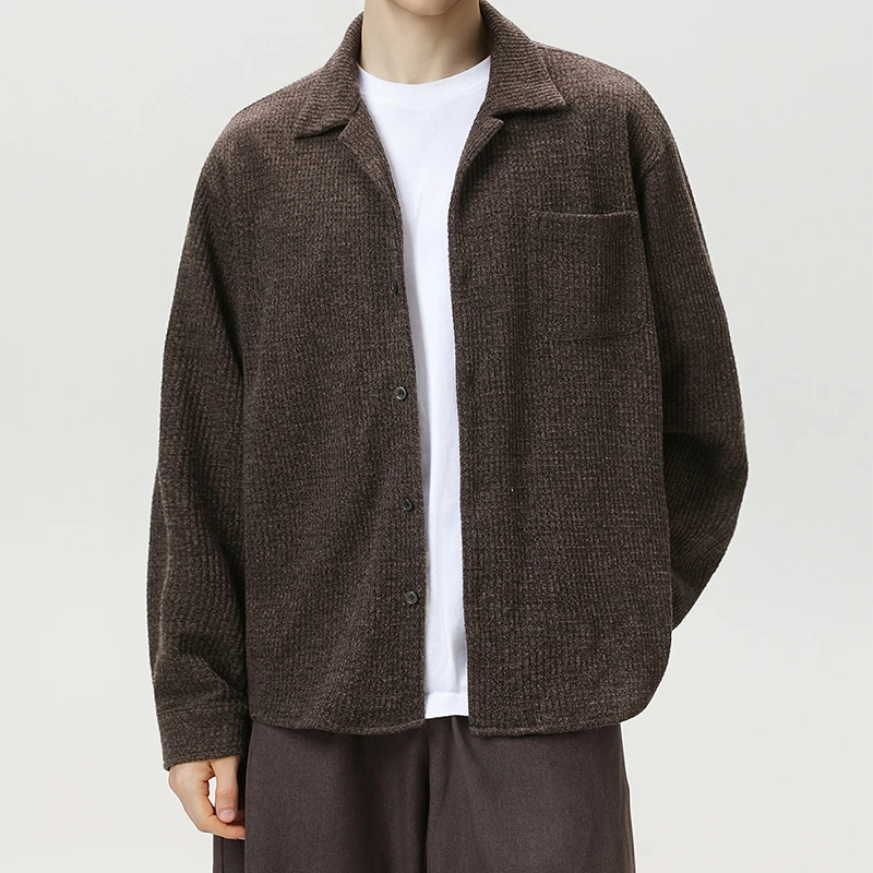 Kemeja Pria Lengan Panjang Bergaya Musim Semi Gugur Baru Kasual Warna Solid Bernapas Tekstur Kemeja Pria Vintage Kancing Kerah Lipat