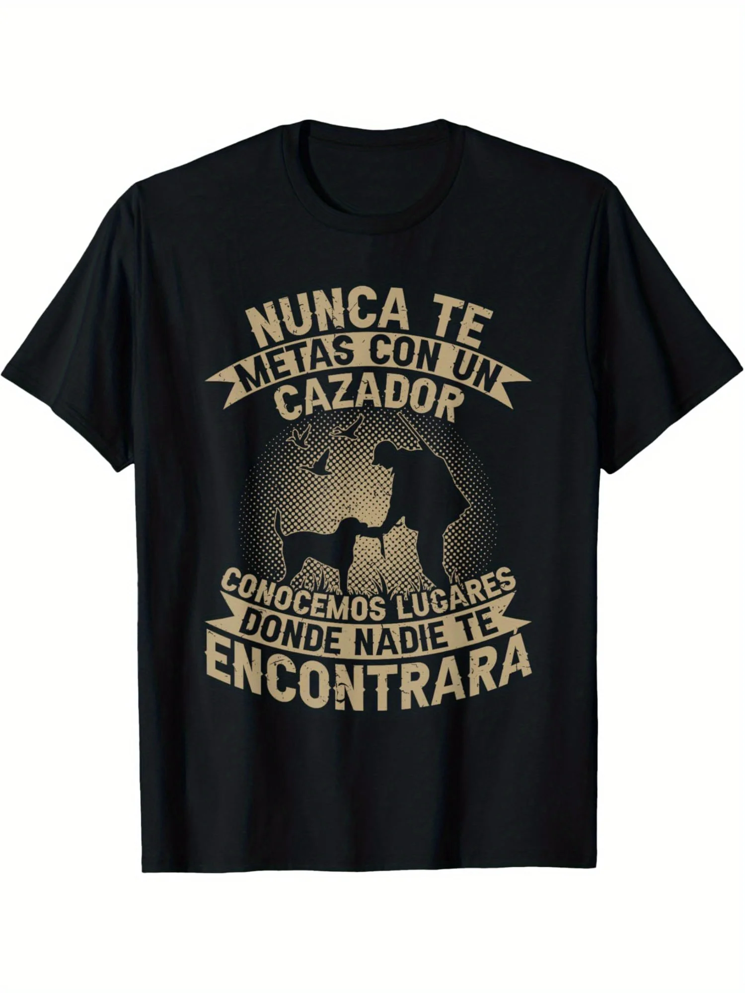 T-shirt de chasse amusant pour hommes avec citation en espagnol "Là où personne ne vous trouvera" et silhouette de chien - Noir avec impression jaune -