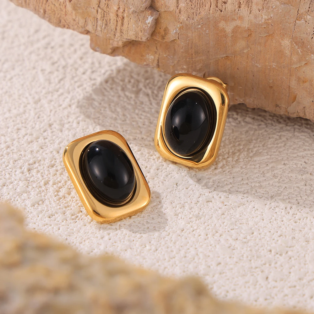 Gothic Black Glass Stone Vintage Earrings for Women 316 Stainless Steel Gold Plated Square Ear Stud Waterproof Jewelry
