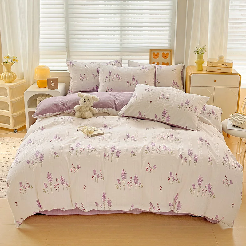 Purple Lavender Floral Duvet Cover 4pcs Bedding Set Flower Quilt Cover Polyester Comforter Cover 1 Flat Sheet with 2 Pillowcases