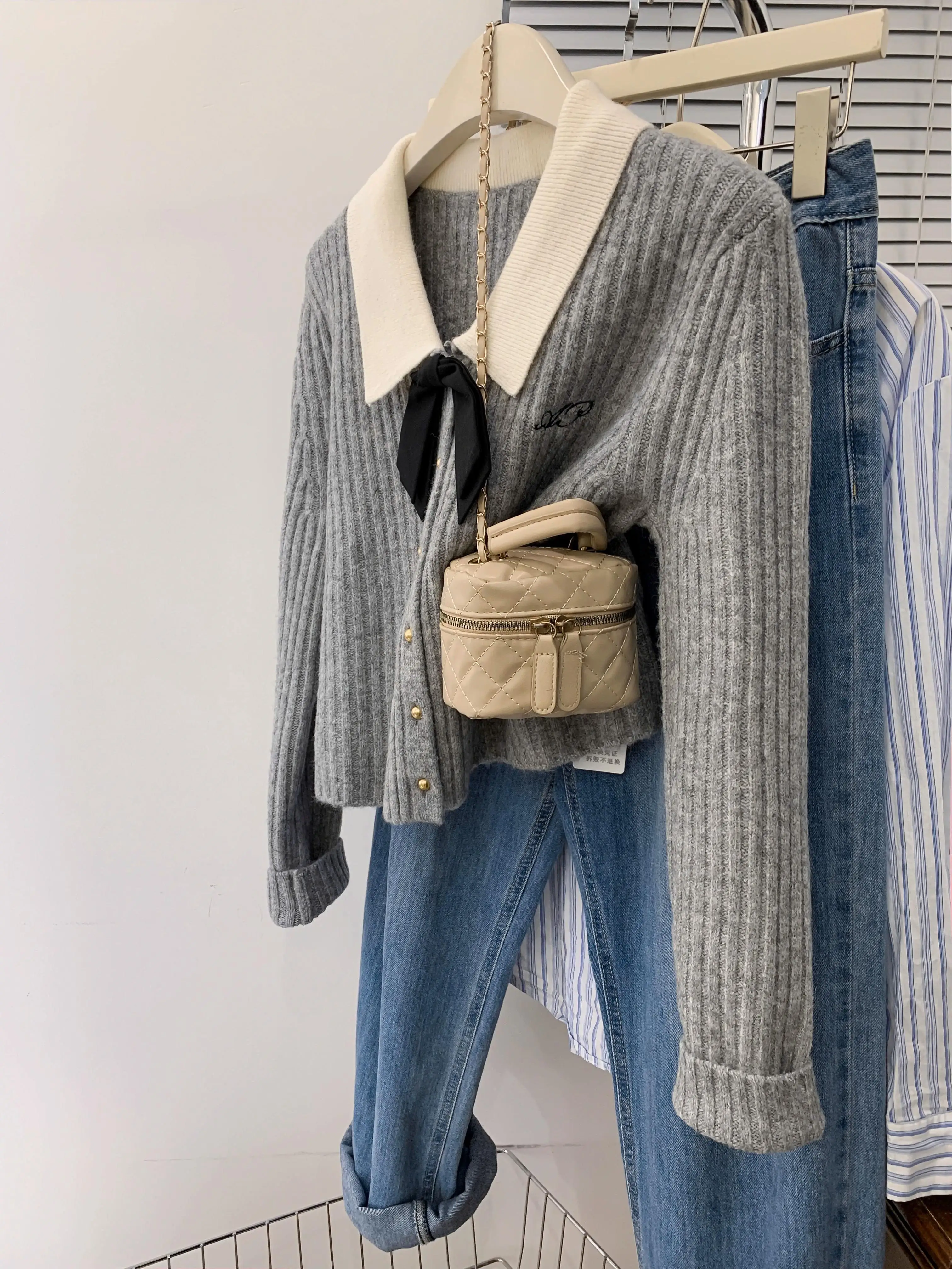 

Серый свитер с отложным воротником и бантом, женский весенне-осенний свободный короткий вязаный кардиган, топ, элегантная однобортная куртка с длинными рукавами