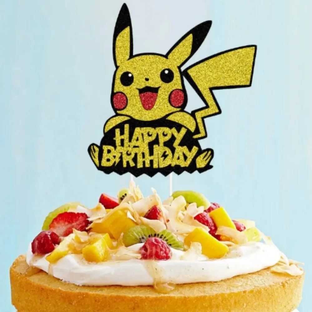 Pokemon Cupcake Happy Birthday Acrylic Party Decor Pikachu Cake Decor Flag Baby Shower Baking DIY Supplies Kids Favors Discount