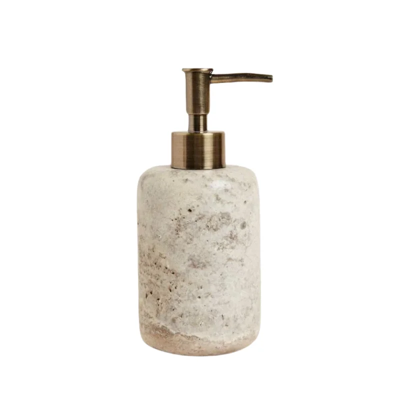 stonekocc Travertine Marble Stone Refillable Bathroom Liquid Dispenser Lotions Soap Container With Stainless Steel Pump Heads