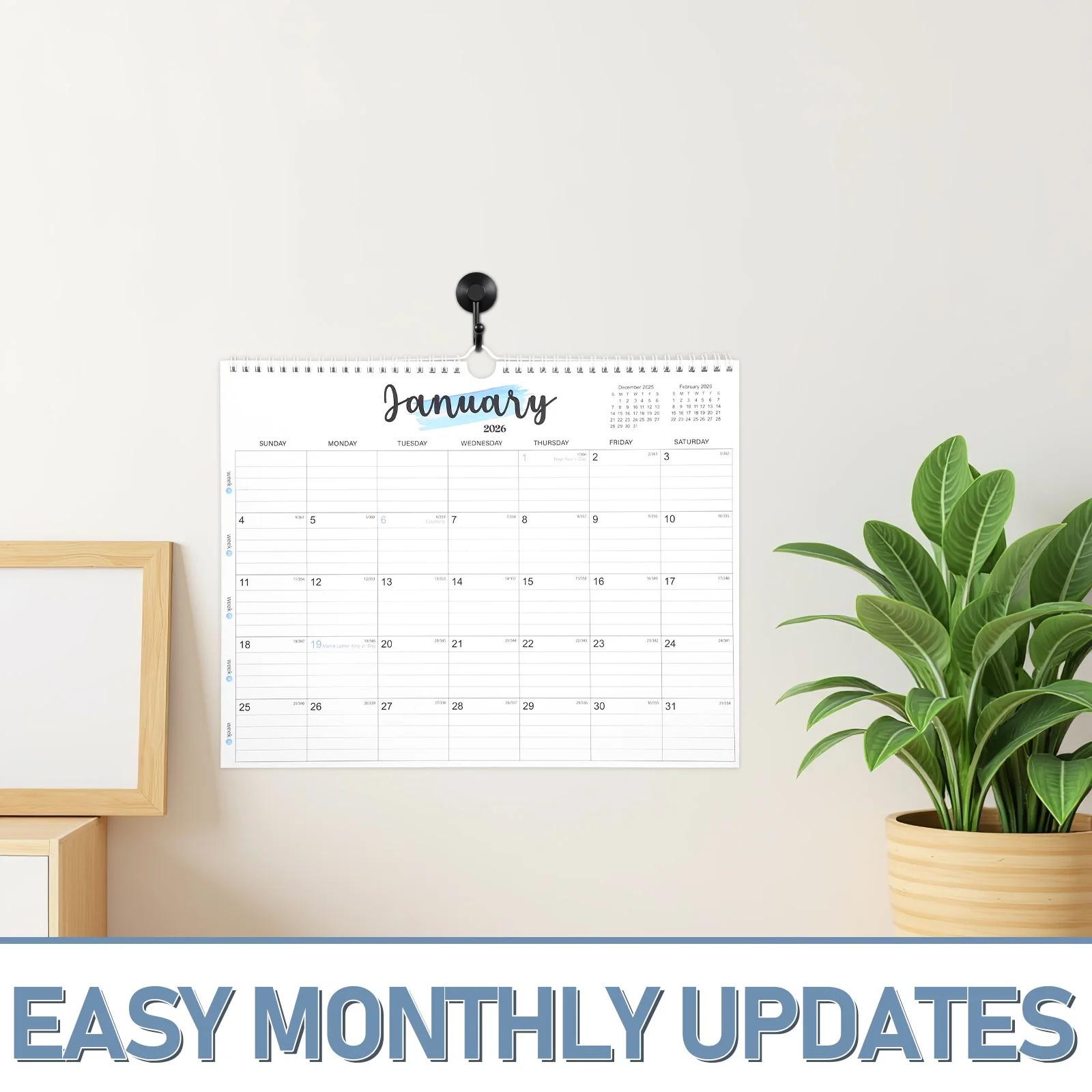 18-Month 2026 Wall Calendar Spiral Binding Large Block Monthly Planner For Home Office School Holiday Dates Twin Wire Hanging