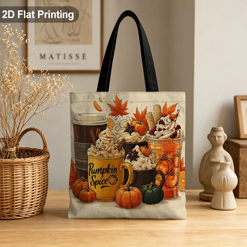 Pumpkin Spice Fall Coffee Drinks Canvas Tote Bag Autumn Maple Leaves Reusable Shopping Shoulder Bag Thanksgiving Gift