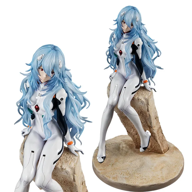 22CM Ayanami Rei Anime Figure EVANGELION Mech Suit Blue Hair Cute Girl Sitting Model PVC EVA Static Doll Car Decoration Gift