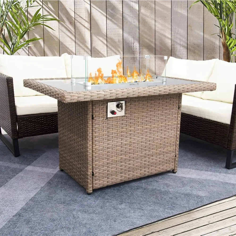

Outdoor Wicker Fire Pit Table, Propane Gas Fire Table with Glass Wind Guard, Modern Life Luxury Choice, 50,000 BTU