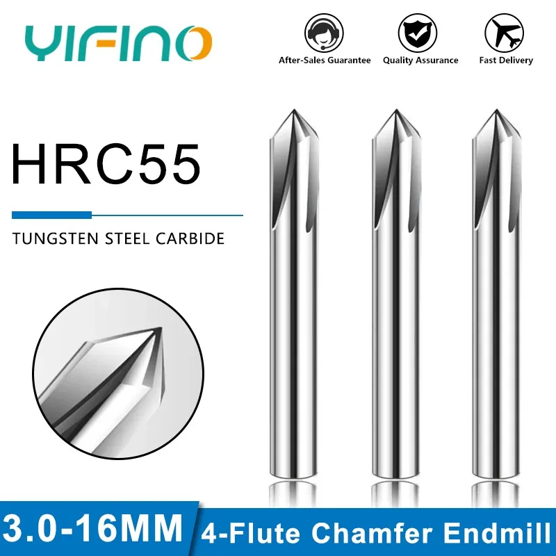 YIFINO HRC55 4-Flute For Aluminum Chamfer Endmill Tungsten Steel Carbide 60/90/120 Chamfering Milling Cutter CNC Machining Tools