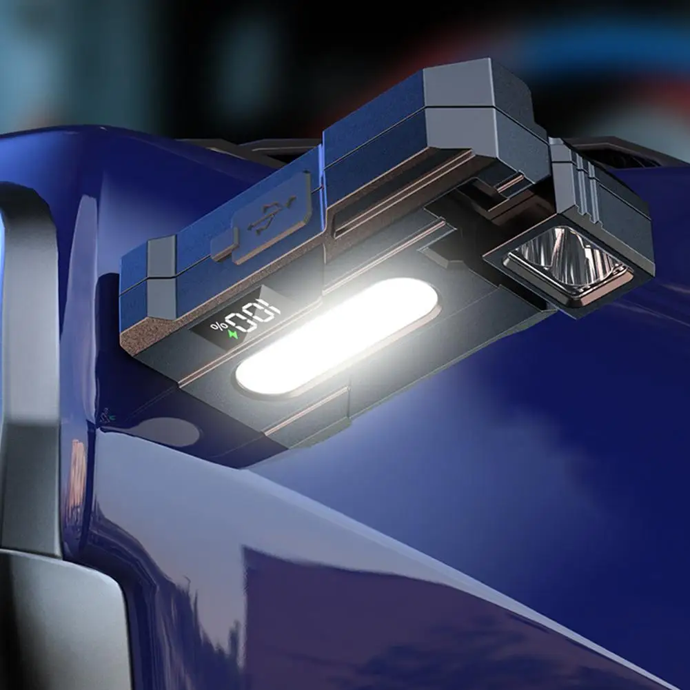 مصباح يدوي مغناطيسي صغير ضوء العمل USB شحن شاشة ديجيتال متعدد الزوايا للتدوير الأحمر والأزرق تحذير LED ضوء العمل