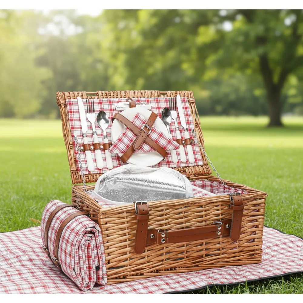 

2-Person Willow Picnic Basket Set with Waterproof Blanket & Insulated Cooler for Camping, Wedding Gifts