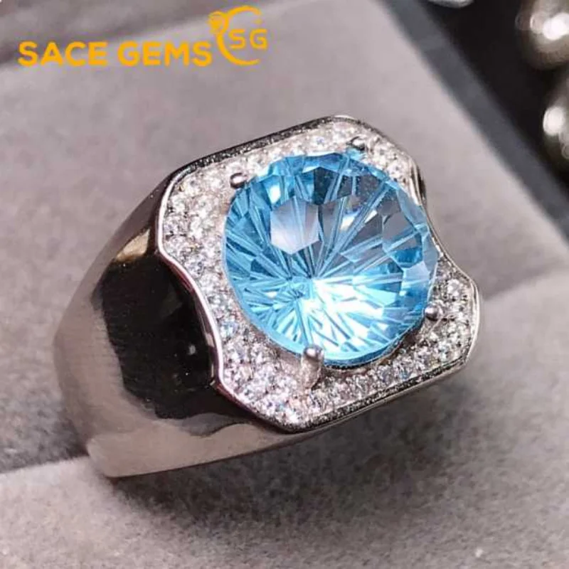 

SACE GEMS Fashion Classic Resizable 10*10MM Natual Blue Topaz Rings for Man 925 Sterling Silver Wedding Party Fine Jewelry Gift