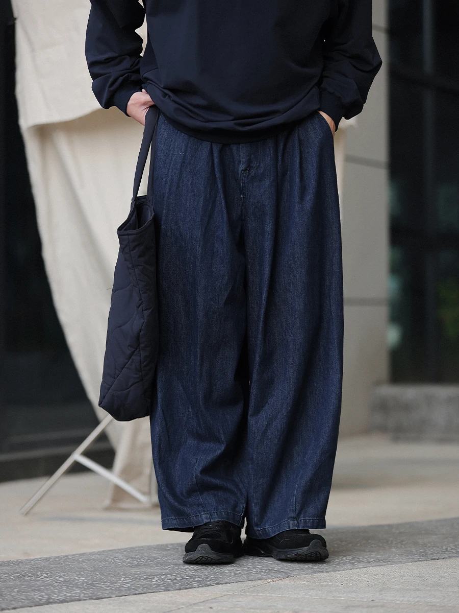 

Свободные широкие синие джинсы Noears на весну с эластичным поясом, винтажные повседневные хлопковые длинные брюки для молодых мужчин