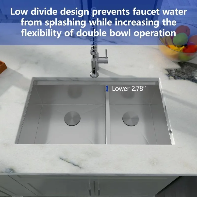 Dcolora 36Inch Large Double Bowl Low-Divide Kitchen Sink Undermount 16 Gauge Stainless Steel 60/40 Split Workstation,36"x19"x10"