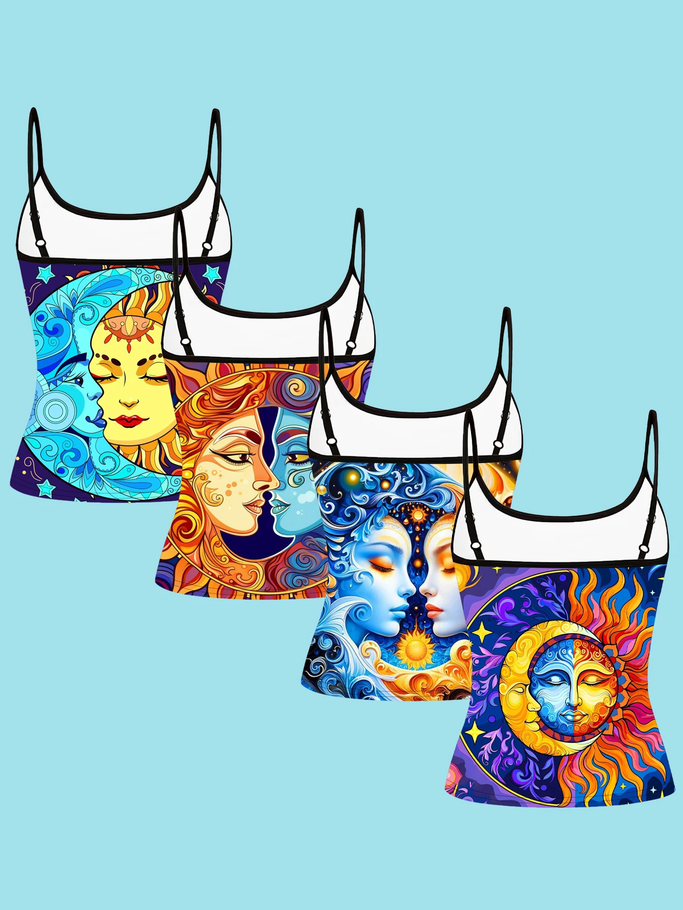 4-Piece Set of Painted Sun and Moon Face Print Camisoles, Bohemian Star and Moon Celestial Spaghetti Strap Sleeveless Tops, Vintage Mysterious Astrology Style Slim-Fit Inner and Outer Wear Vest Set