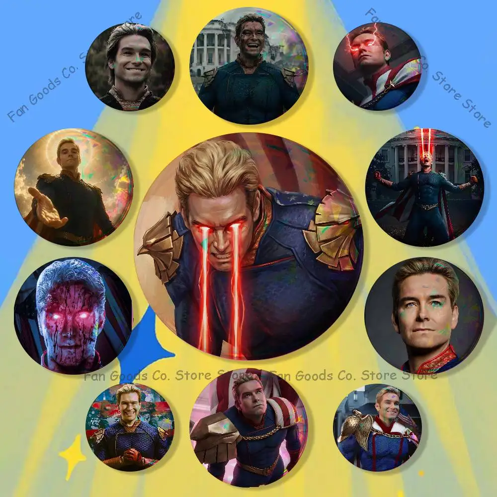 Laser eye H-Homelander Superpower Soldier Boy Brooches for Backpack Accessories 25mm,32mm,48mm,58mm,75mm Round Enamel Pins Badge