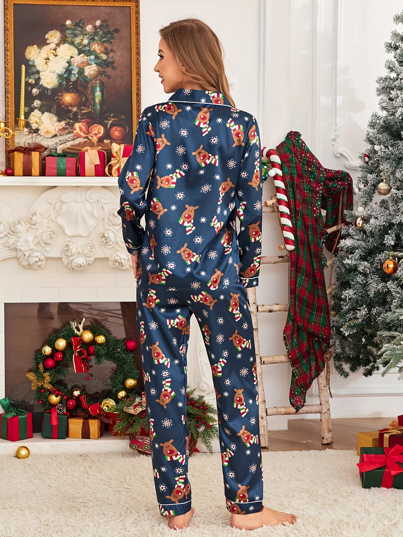 Cute Christmas Reindeer & Snowflake Print Pajama Set with Satin Material, Party Style, Button Detail, Long Sleeve & Long Pants f