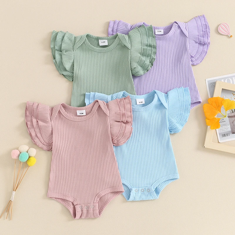 

Tregren 0-18M Baby Girl Summer Romper Cute Ruffle Sleeve Round Neck Solid Color Ribbed Bodysuit Newborn Short Jumpsuit Clothes