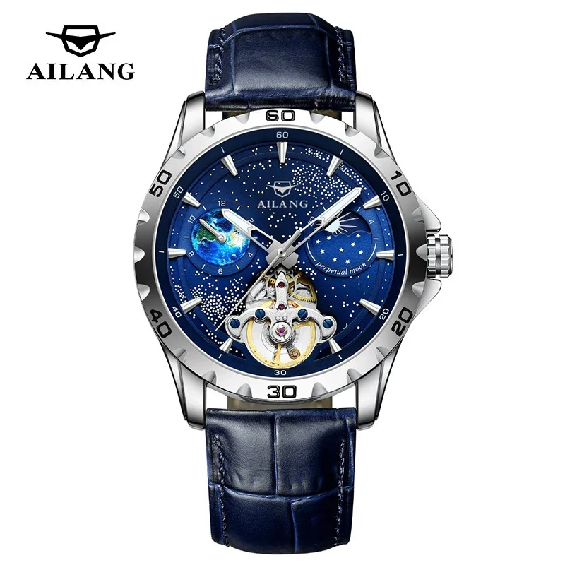 Reloj Mecánico de cielo estrellado azul para hombre, correa de cuero de lujo, resistente al agua, luminoso, automático, Tourbillon, envío directo