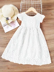 New Girl's Solid Lace Flower Flying Sleeves Bow Zipper Fashionable Princess Dress Summer Ladies Romantic Dress Without Belt