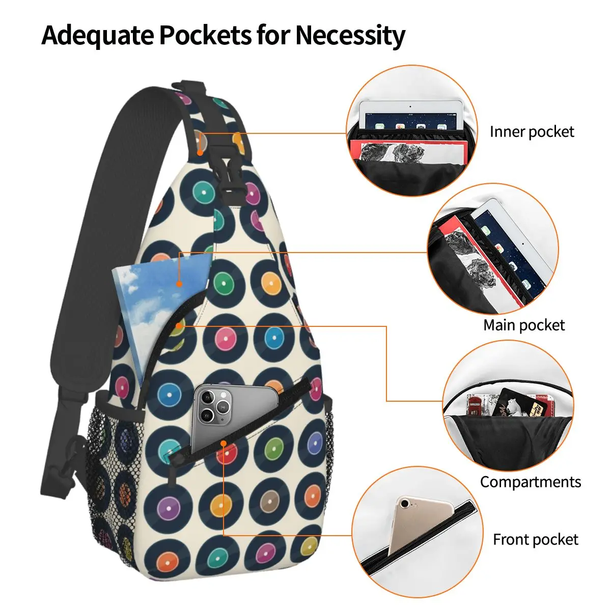 Vinyl Record Collection Chest Bag Men Sling Crossbody Backpack Chest Bag Travel Hiking Daypack Shoulder Bag