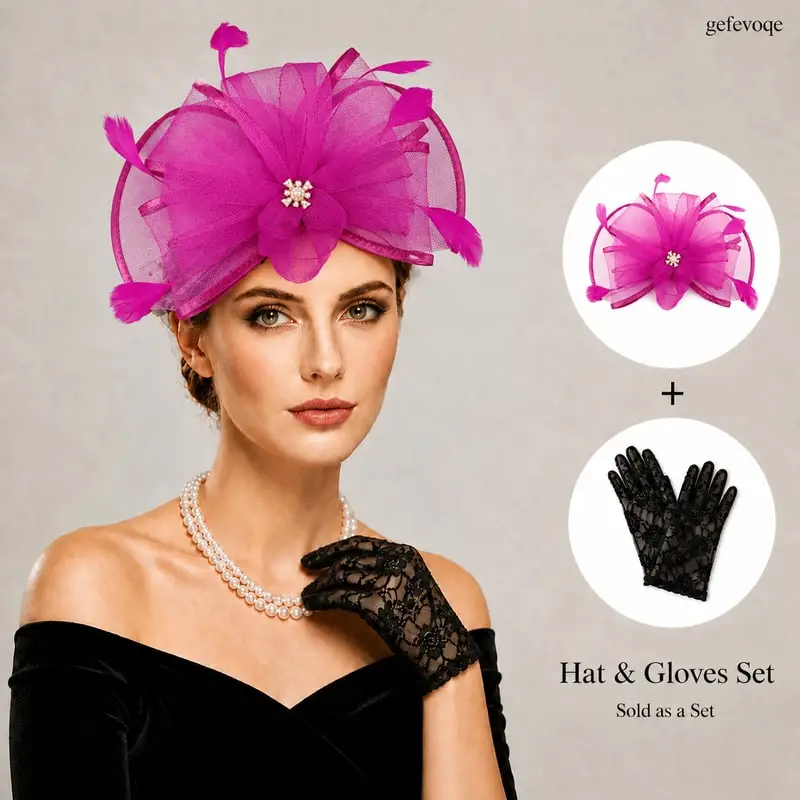 

2Pcs Black Vintage Fascinator Hat Lace Gloves Set Elegant Feather Headwear for Women Tea Party Wedding