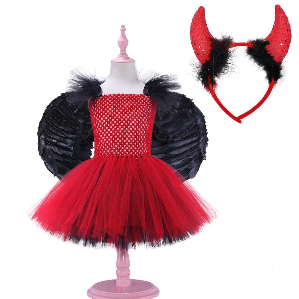 Red Black Devil Costume Tutu Dress Girls Halloween Costume Children Villain Cosplay Carnival Purim Fancy Dress Up Clothing