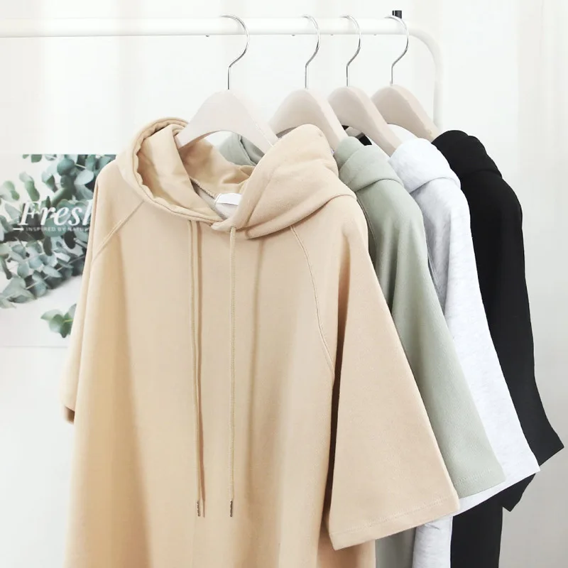 Summer Thin Short Raglan Sleeve Hooded Hoodies Korean Style Split Solid Color Pullovers Drawstring Casual All-Matched Sweatshirt