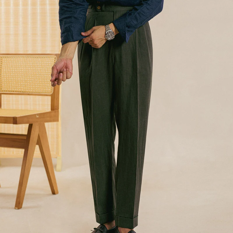 Linen Retro Casual Pant British High Waist Pants Office-trouser Men Dress White Pant Trouser Straight Leg Pant Naples