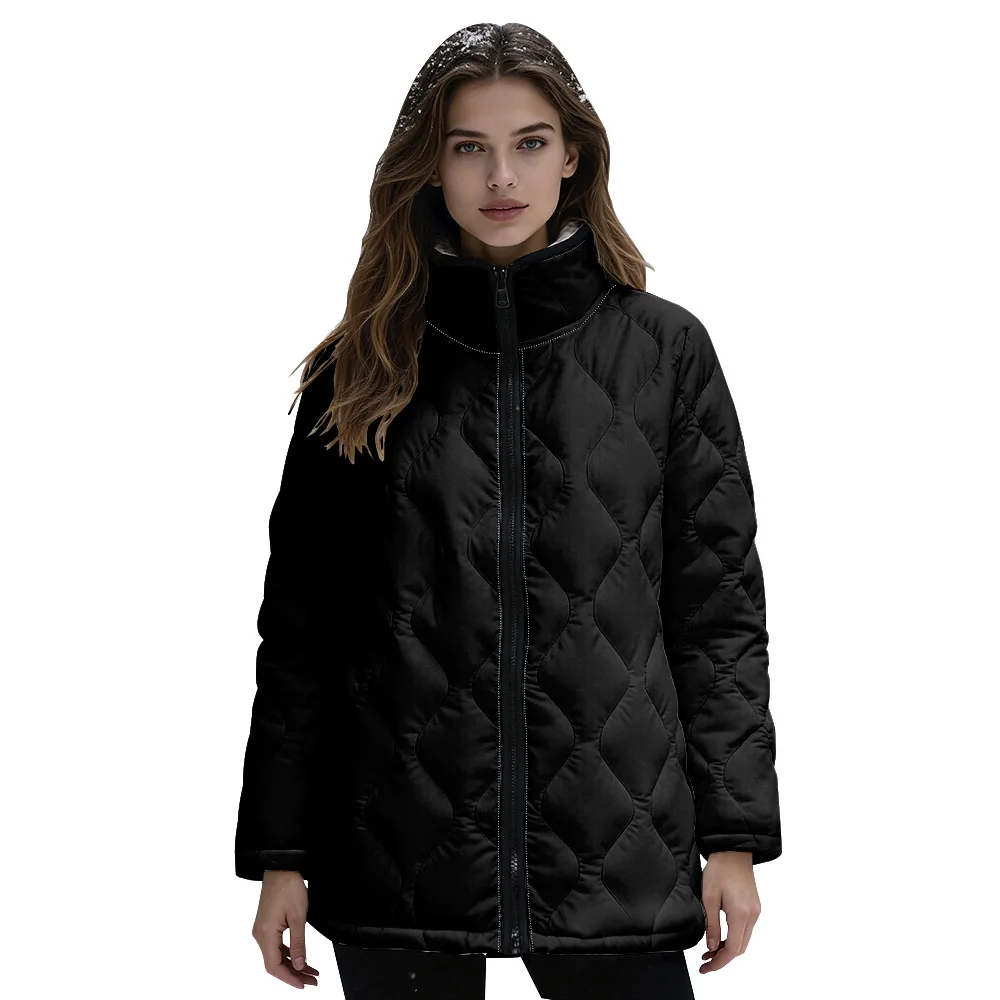 

Black Diamond Quilted Jacket with Stand Collar Full-Zip Front for Winter Warm Stylish Lightweight Quilted Coat for Everyday Wear