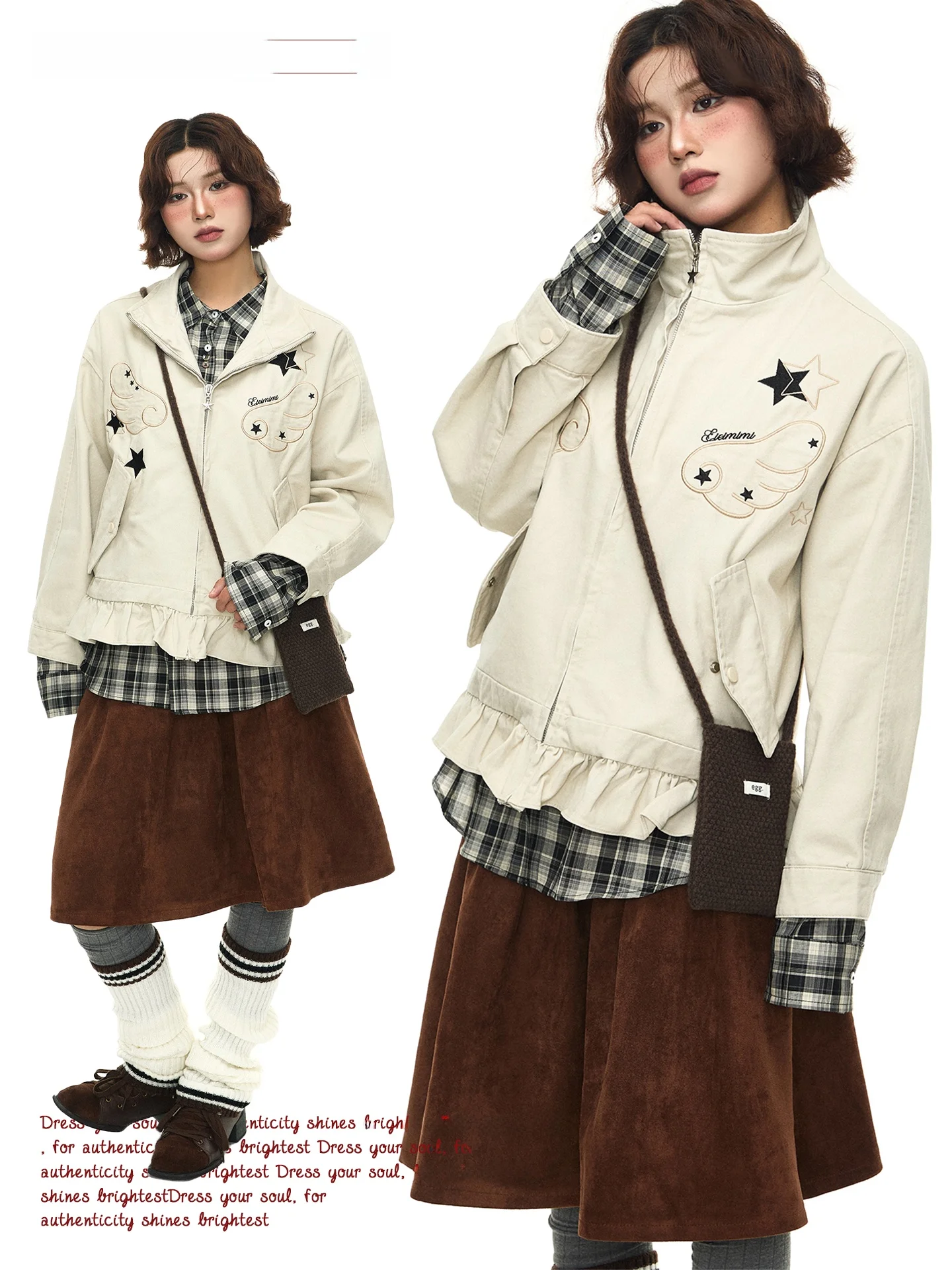 

American Sle Cotton Jaet Mended by Stars Loose ort Outerwear for Women Vintage Sle Collar Zipper Closure without...