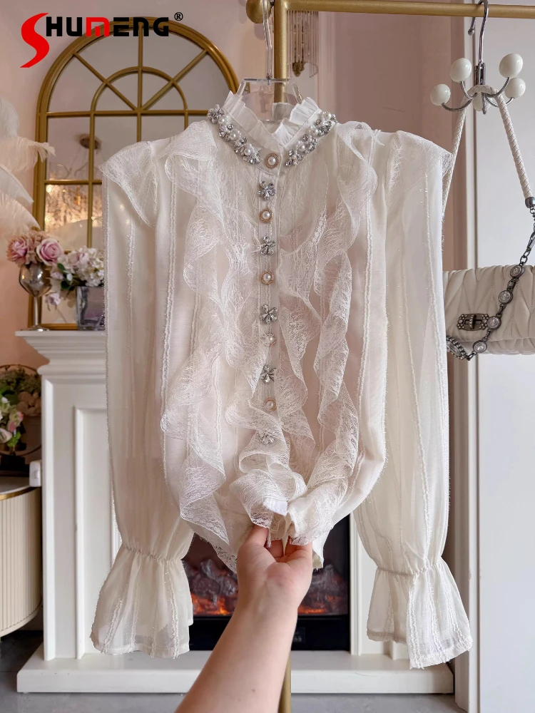 

Fashion Diamond Decoration Lace Shirts Women's 2026 Spring New Loose Single-breasted Lotus Leaf Edge Shirts Women's Elegant Tops