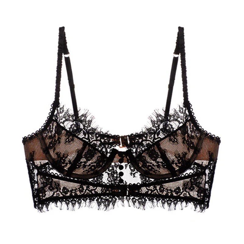 

KUCLUT Black Eyelash Lace Bras For Women Ultra Thin Underwire Push Up Brassiere Embroidery Underwear Top Backless Sexy Lingerie