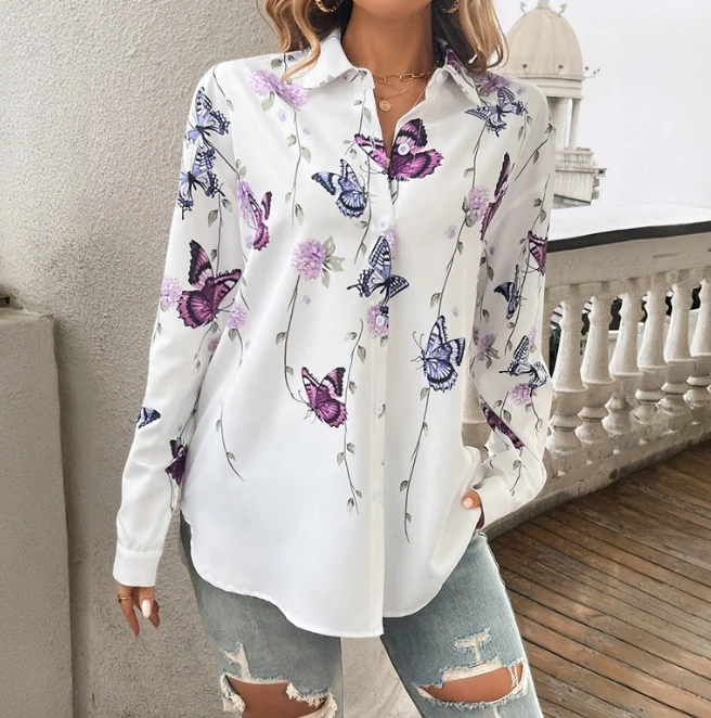 Fashionable Summer New Long Sleeved Top Temperament Printed Cardigan Long Sleeved Top Simple Retro Top for Women