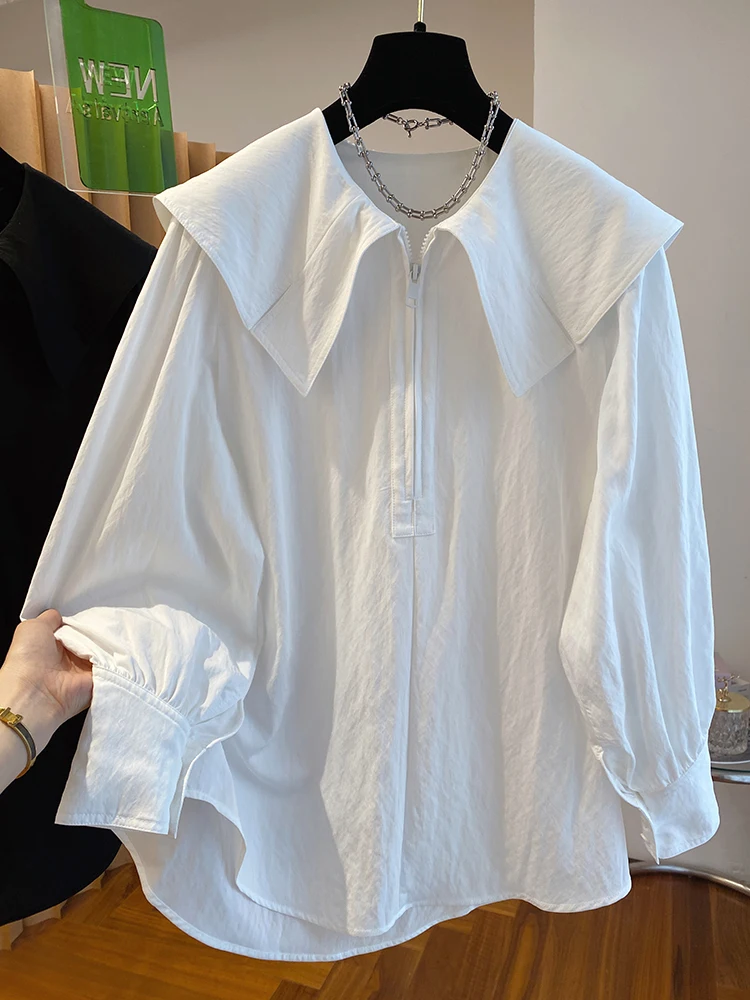 

Ele White Large Collar Pure Cotton irt Women's Spring Anti-Aging Casual f Zip Hoodie Chic Top Vintage Sle Long Sve