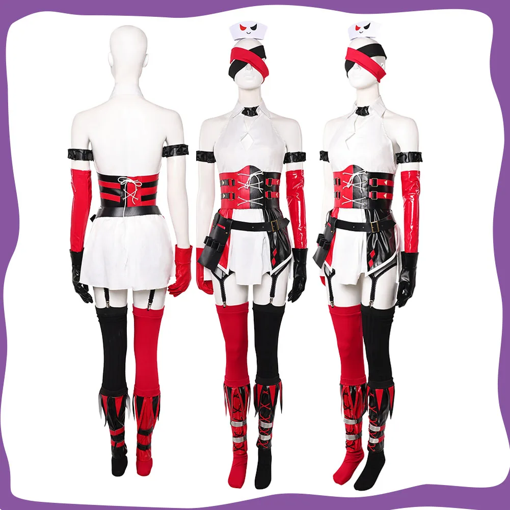 

Quinzel Cosplay Costume Nurse Hat Set Suit Disguise for Women Girls Roleplay Uniform Clothing Adult Halloween Carnival Clothes