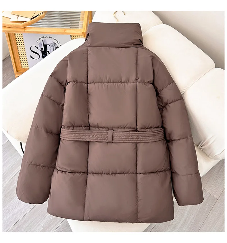 

Fashion Korean Loose Long Parkas Coat Women Outwear 2025 New Women Cotton Padded Jacket Stand Collar Belt Women Cotton Coat