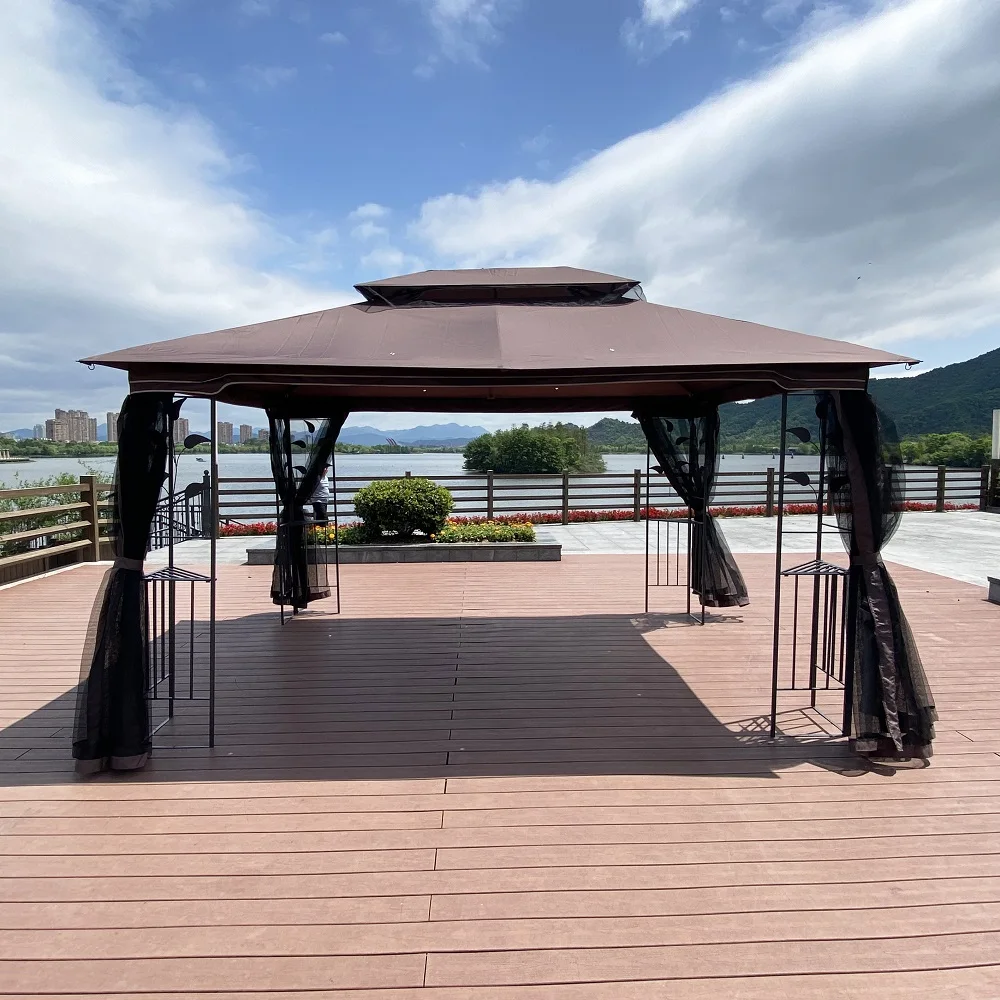 

13x10Ft Outdoor Patio Gazebo Canopy Tent with Ventilated Double Roof Mosquito Net Sun Shade Shelter Garden Canopy Brown Top