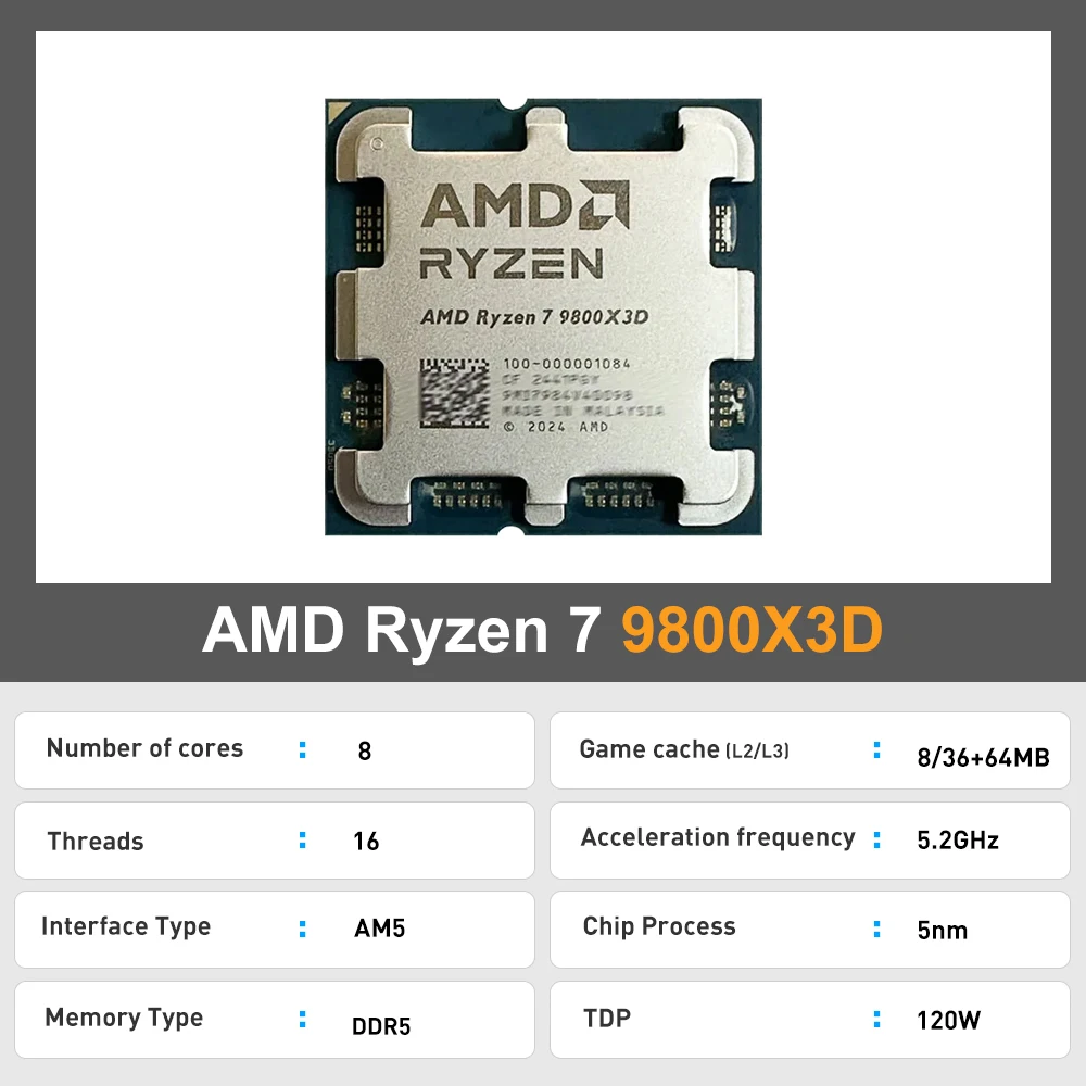 AMD Ryzen 7 9800X3D New Processor 5.2GHz 8-Core 16-Thread L3=96M 4NM TDP 120W Socket AM5 R7 9800x3d Gaming CPU without cooler