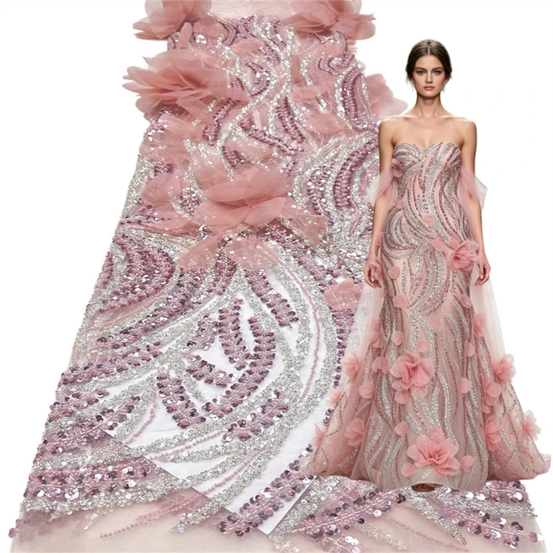 3D New Design Handmade DIY Custom Heavy Beaded Tulle Lace African Lace Fabric Nigerian Embroidery Sequins Lace For Party Dress