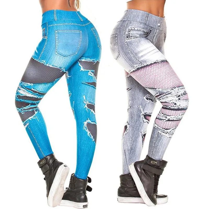 FCCEXIO Denim Stitching Print Women Sports Leggings High Waist Running Sexy Tight Fitness Workout Yoga Gym Push Up Pants New