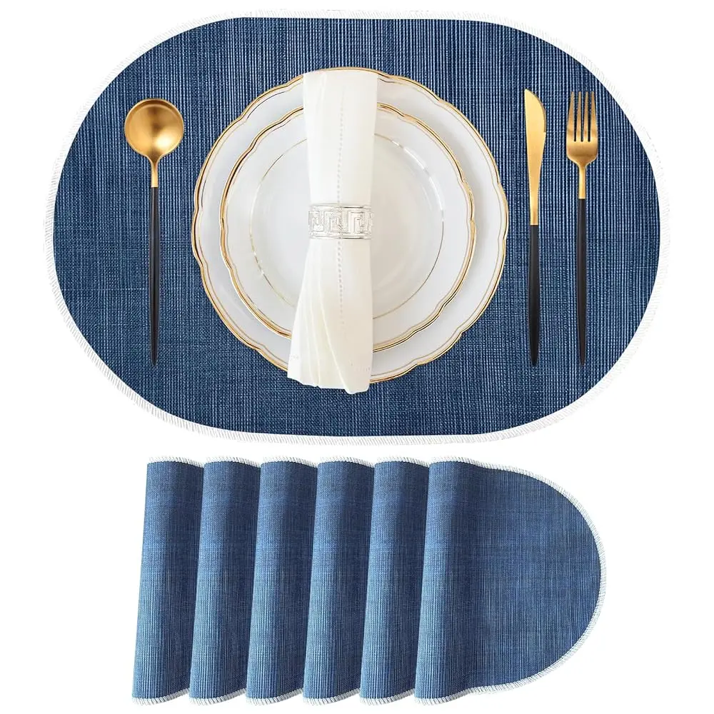 

Набор из 6 синих овальных салфеток для стола, 12x18 дюймов, моющиеся, легко очищаемые, для кухни, нейтральные подставки для обеденного стола