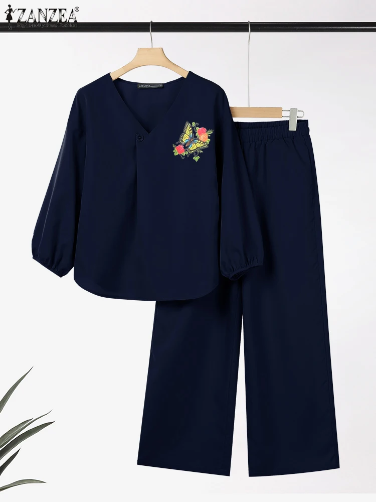 ZANZEA المرأة التنقل 2 قطعة مجموعات الطباعة 3/4 كم البلوزات 2025 موضة عادية بنطال ذو قصة أرجل واسعة 2 قطعة وتتسابق بانت مجموعات #5