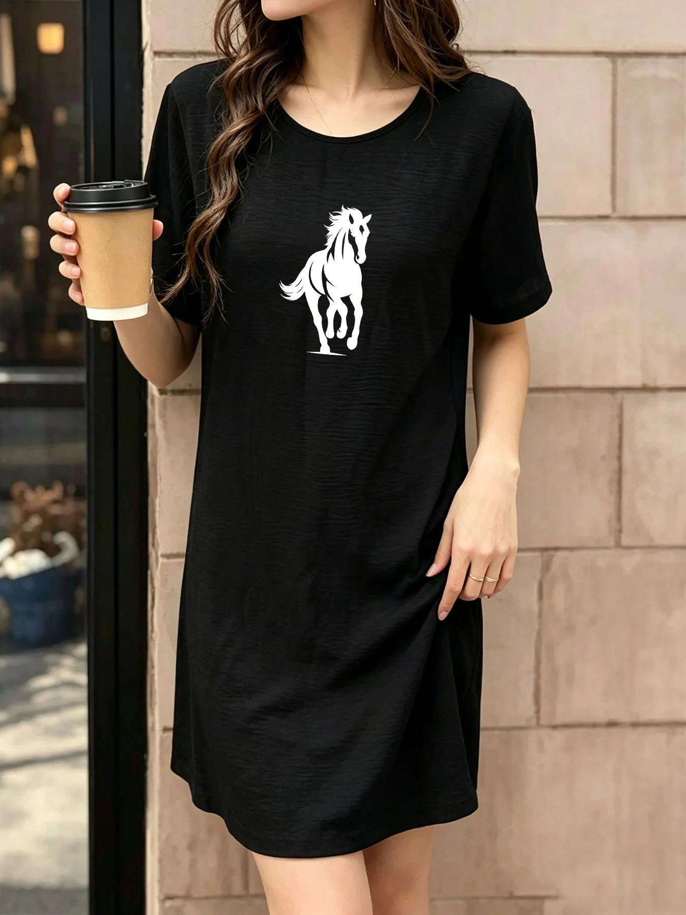 Vestido Camisero de Verano Fino y Transpirable con Estampado de Caballo, de Longitud Media, Ajuste Holgado Casual, Vestido Cómodo que Estiliza