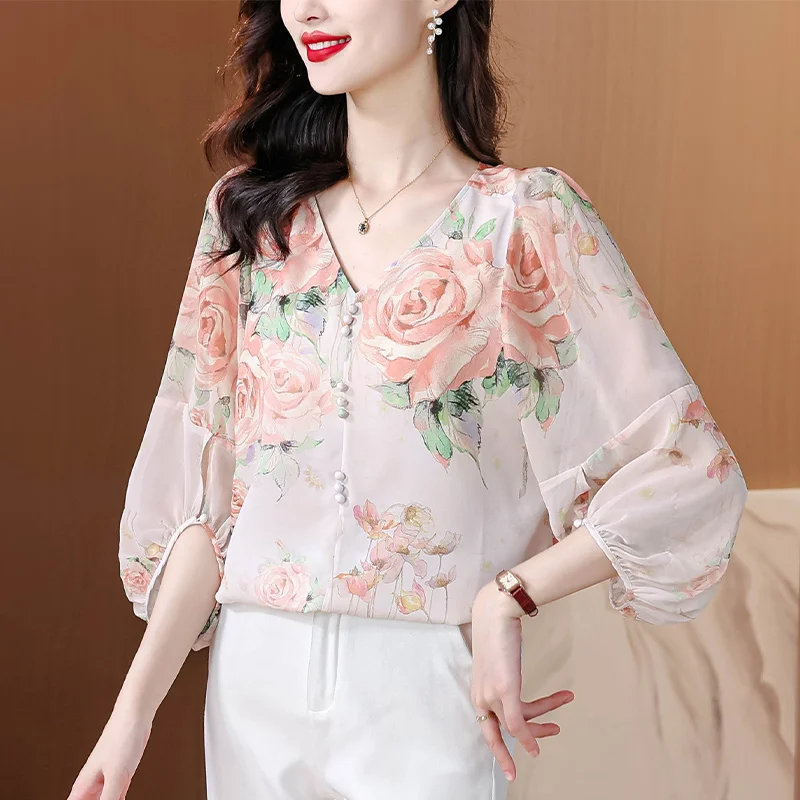 Sweet Floral Printed Shirt 2025 Summer New V-neck Chiffon Blouse Lantern Sleeve Casual Women Tops