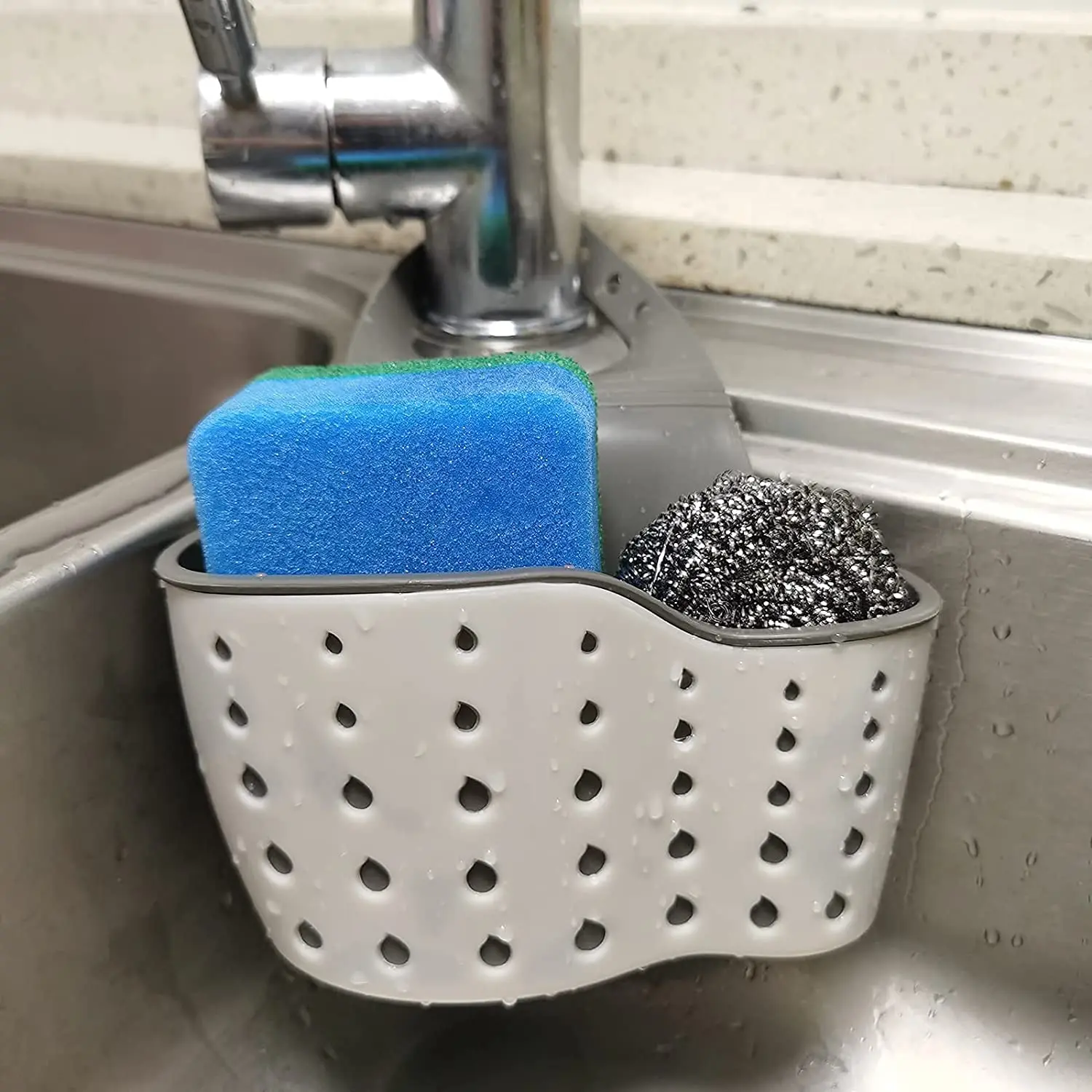 

Kitchen Sink Caddy Sponge Holder Silicone Plastic Soap Holder Hanging Ajustable Strap Faucet Caddy with Drain Holes for Drying