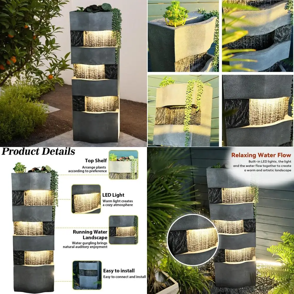 

Outdoor Garden Water Fountain with 4 Tiers and LED Lights, Floor Standing Waterfall Feature for Patio and Backyard
